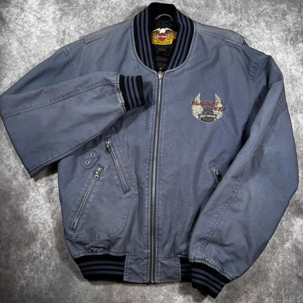 Harley Davidson Classic V-Twin Canvas Bomber Jacket Blue Gray Mens Large Vintage
